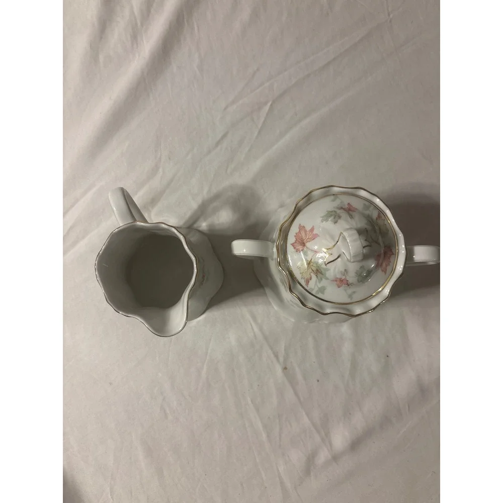 hutschenreuther Cream and Sugar Set OS White Pink Gold Autumn Leaf Scalloped